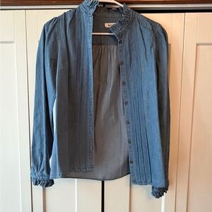 Boden Denim-Blue Ruffle Collar Button-Front Shirt